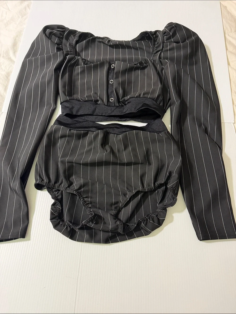 Kelle dance black pinstripe costume 2 piece trunks top POWER THREADS 2821 MA